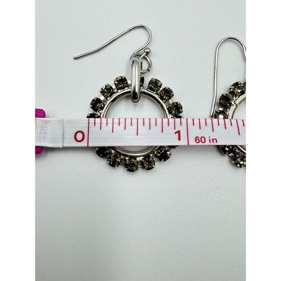 Silver Tone Gray Green Prong Set Pavé Crystal Glass Circle Dangle Earrings - Picture 4 of 6